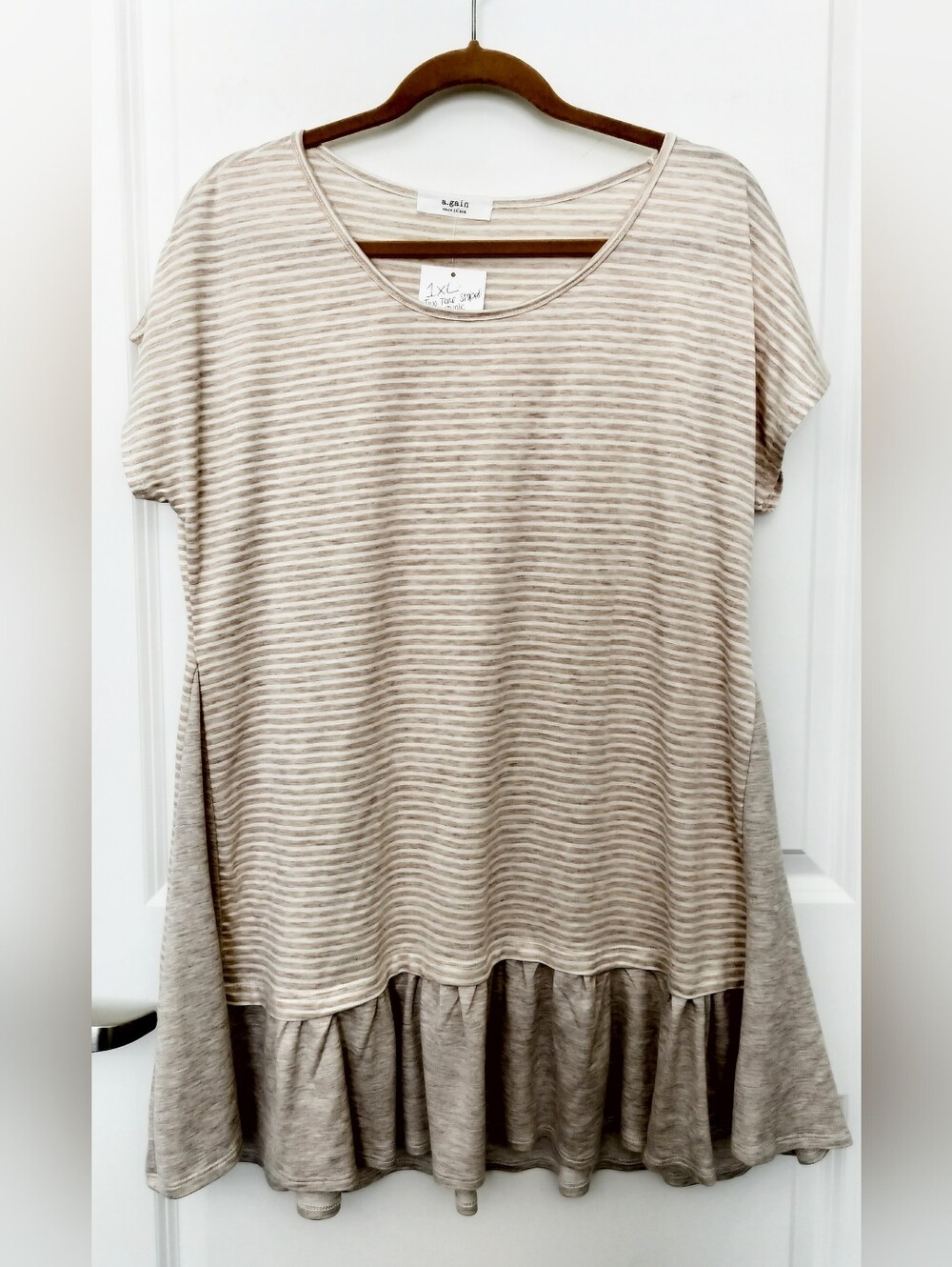 a.gain Women's 1XL Striped Mixed-Media Peplum Tunic Top - Made in USA